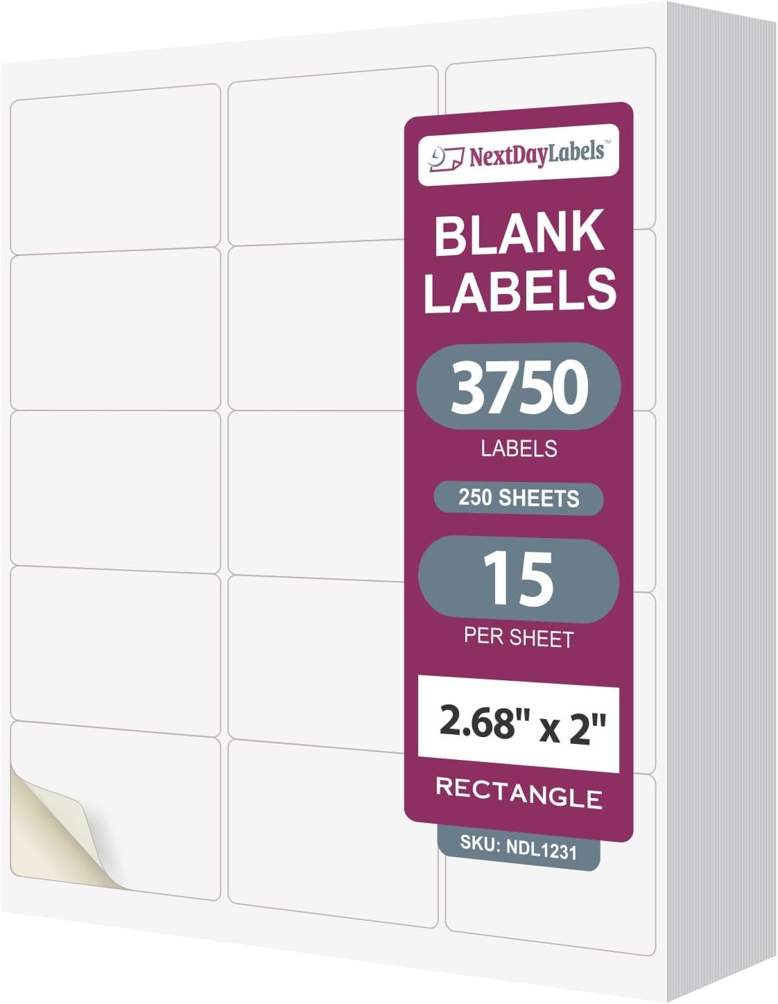NextDayLabels – 2"-11/16 x 2 Rectangular Sticker Labels for Printer - White Laser/Inkjet Printer Labels Return Address Labels Shipping Label Stickers (250 Sheets, 15 Per Sheet, 37500 Labels)