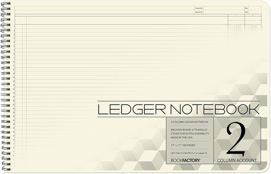 BookFactory Accounting Ledger Notebook/Large 2 Column Accounting Ledger Columnar (Two Columns) Log Book - 17'' x 11'', 100 Pages, Wire-O Landscape Format (LED-100-CLCW-PP(17x11-Ledger-2)-AX)
