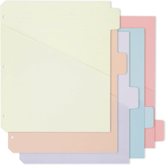 Y YOMA Colored 3 Ring Binder Dividers with Pocket Letter Size Paper Binder Tabs Page Dividers Cute Decorative Binder Index Dividers for Office School Home with 1/5-Cut Tabs, Soft Color(5 Sheet)