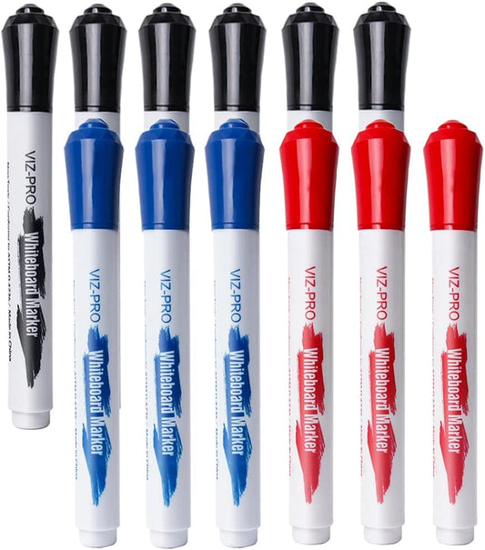 VIZ-PRO Dry Erase Markers, Fine Bullet Tip, 3 Assorted Colors, 12-Count Low-Odor Whiteboard Pens