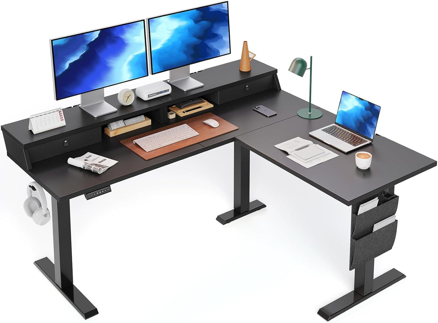 ErGear L Shaped Electric Standing Desk, 63" Ergonomic Corner Height Adjustable Desk with Drawers, Sit Stand Computer Table with Storage for Work Office Home, Black