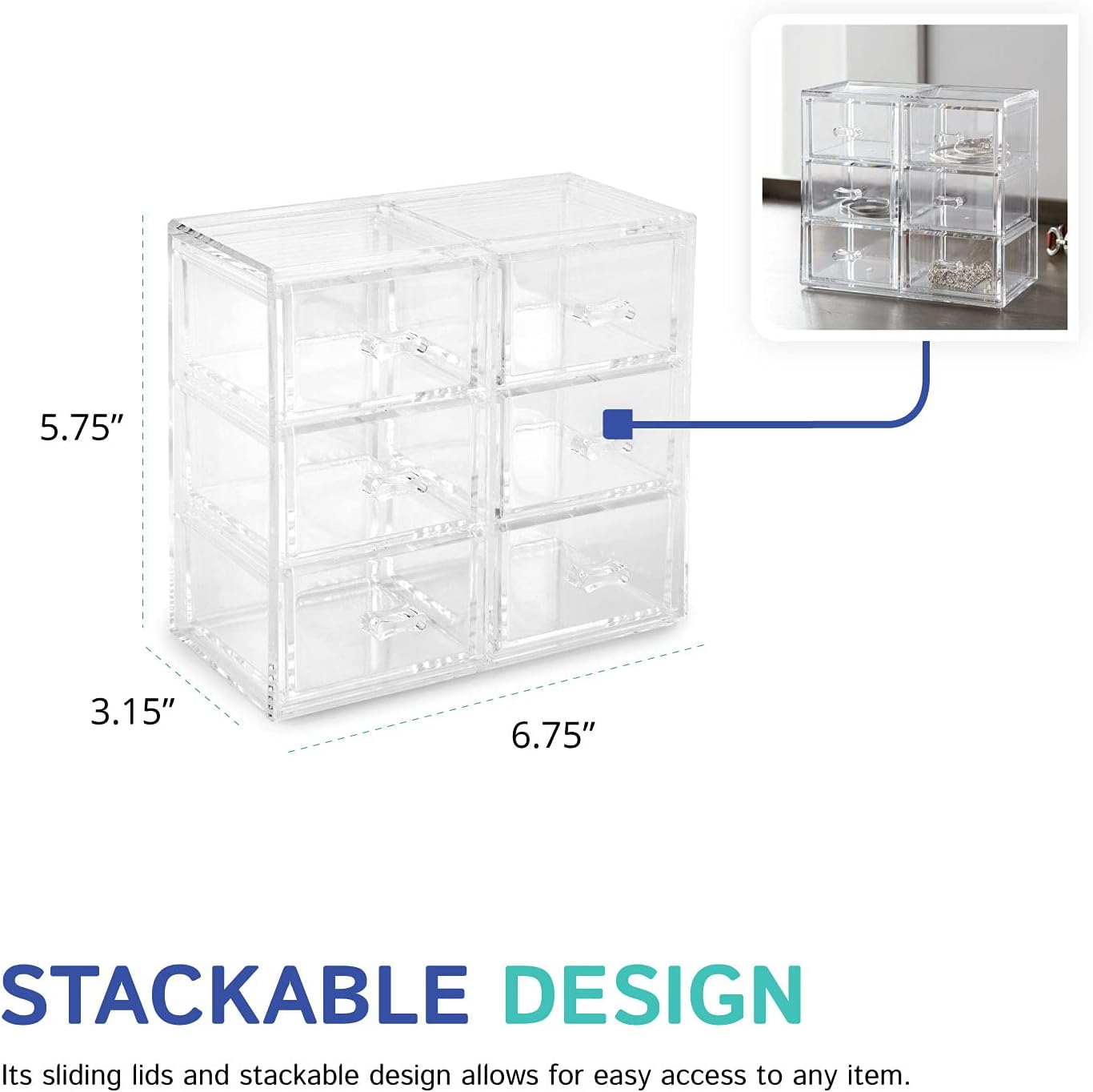 Huang Acrylic Stackable Upright 6-Drawer Jewelry Organizer Crystal Clear Acrylic | Makeup Jewelry Accessories Cosmetic Countertop Storage Display 3.15 x 5.75 x 6.75 inches | Shatter-proof Design