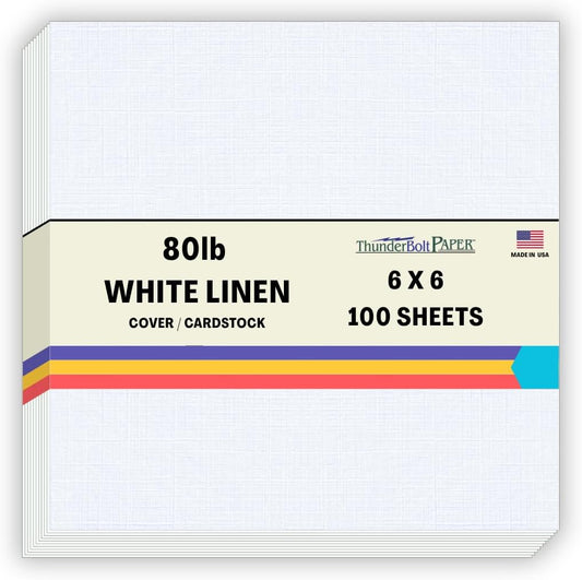 100 Bright White Linen 80# Cover Paper Sheets - 6X6 Inches Square Scrapbook Album Size - 80 lb/pound Card Weight - Fine Linen Textured Finish - Quality Cardstock
