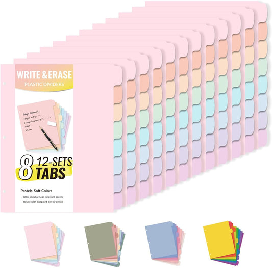 Sooez 8 Tabs Long-Lasting Plastic Write & Erase Large Tabs Dividers for 3 Ring Binder, Aesthetic Cute Pastels Binder Dividers for Student, Teacher, Office, Home Organizers, 12 Sets, Pastels Color