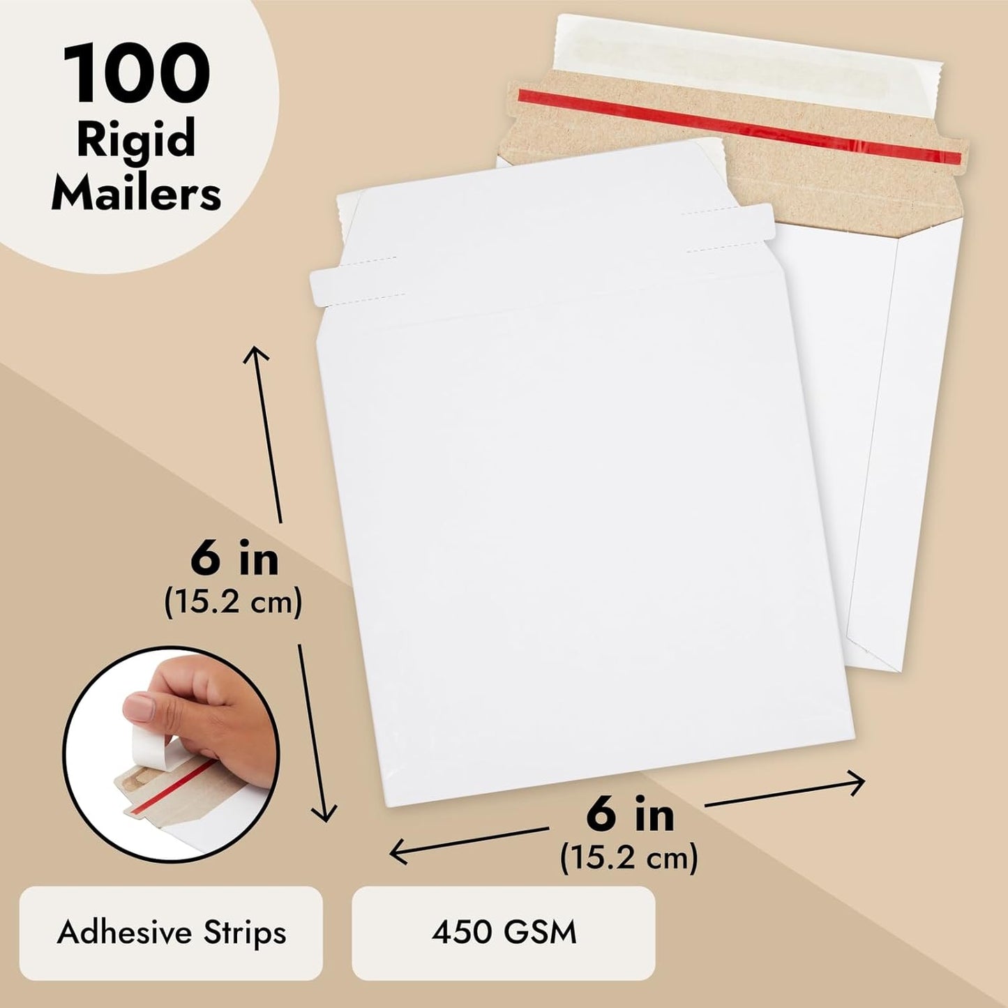 CD Mailers - 100-Pack, 6x6-Inch, White Flat Square - 450 GSM Thick Cardboard Envelopes for DVDs, Photos & Trading Cards