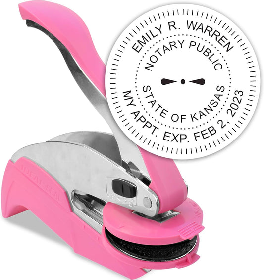 MaxMark Notary Seal Round Pink Embosser for Kansas State - Includes Gold Burst Seal Labels (50 Count)