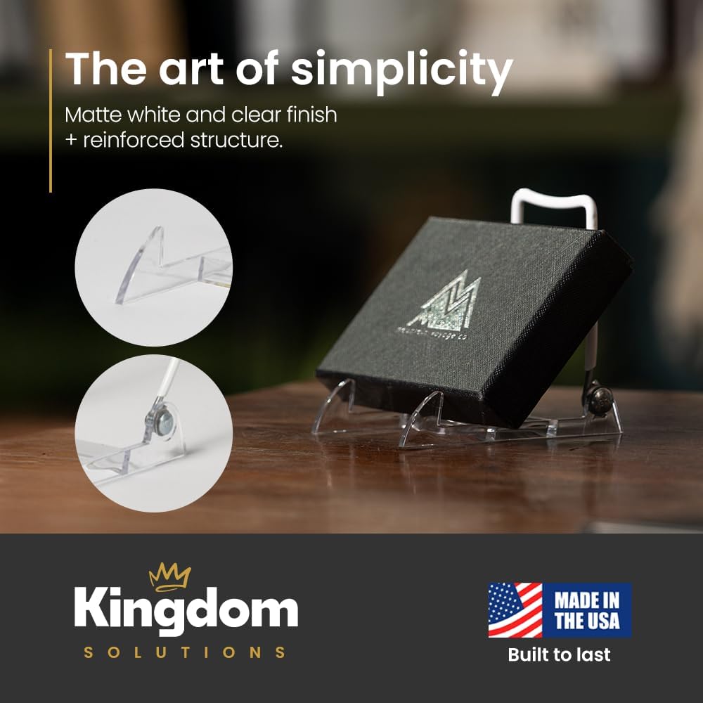 KINGDOM SOLUTIONS Made in USA 12-Pack Sturdy & Durable Adjustable White Acrylic Easels to Display Unnoticeably Plates, Art, Pictures & More - Unique on The Market