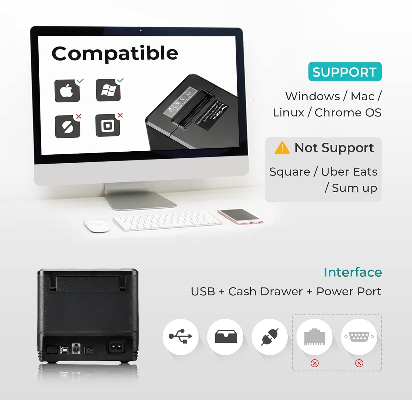MUNBYN 80mm USB Thermal Receipt Printer, POS Printer with Auto Cutter ESC/POS Command Support Windows Mac, Do Not Support Square (Only USB Interface)