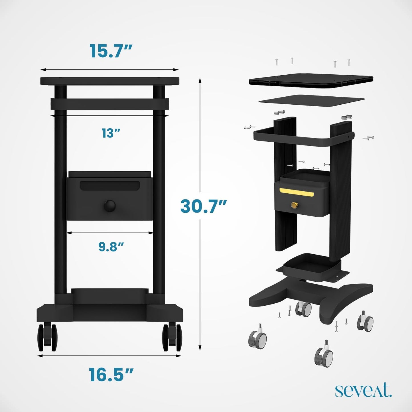 Professional Medical Cart with Drawers, 3 Tier, 198 Lbs Capacity, Portable Rolling Trolley for Home, Spa, Hospital, Office, Clinic (Black)