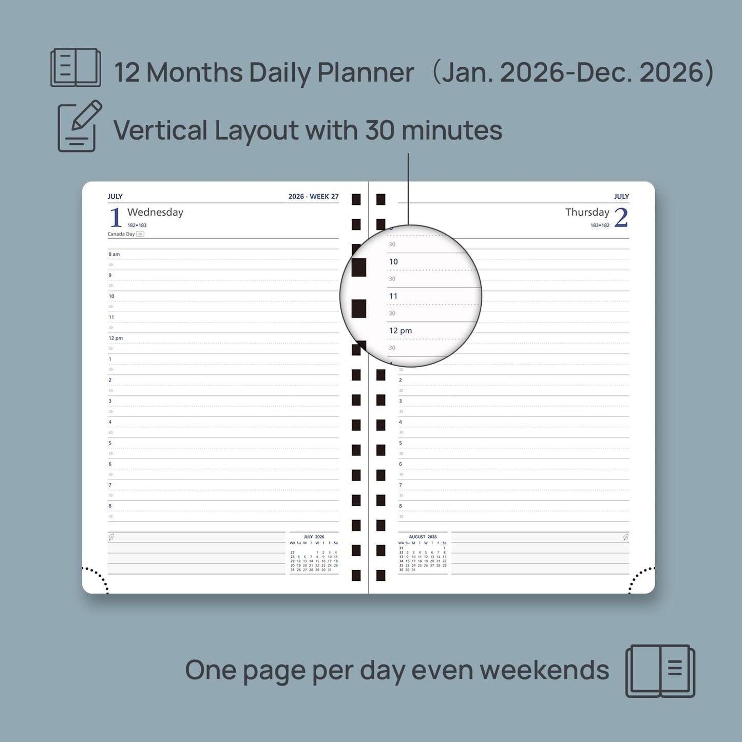 POPRUN 2026 Daily Planner One Page per Day (Medium 6'' x 8.5'') - 12 Months Calendar Appointment Book with Hourly Slots, Inner Pocket, Monthly Tabs, Pen Holder - Cornflower