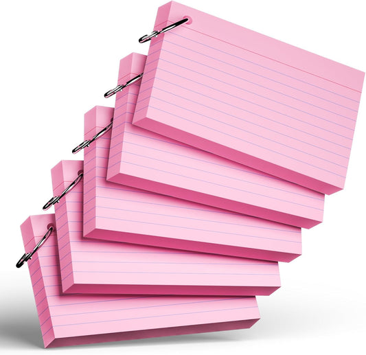 250 Count Pink Index Cards with Ring 3 x 5 Inch Heavyweight Ruled Index Cards, Flash Cards for School & Office Supplies and Home Organization, Durable Study To Do List Note Cards with Ruled Lines