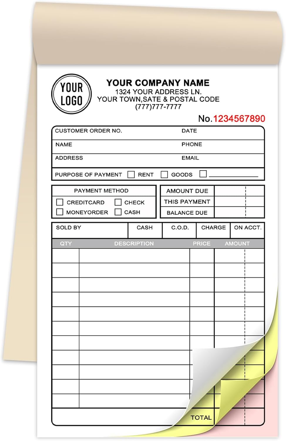 Custom Invoice Book for Small Business,4.5 x7 Inches Invoice Receipt Book, 3-Part Carbonless Forms, Personalized Company Name, Address, Phone Number