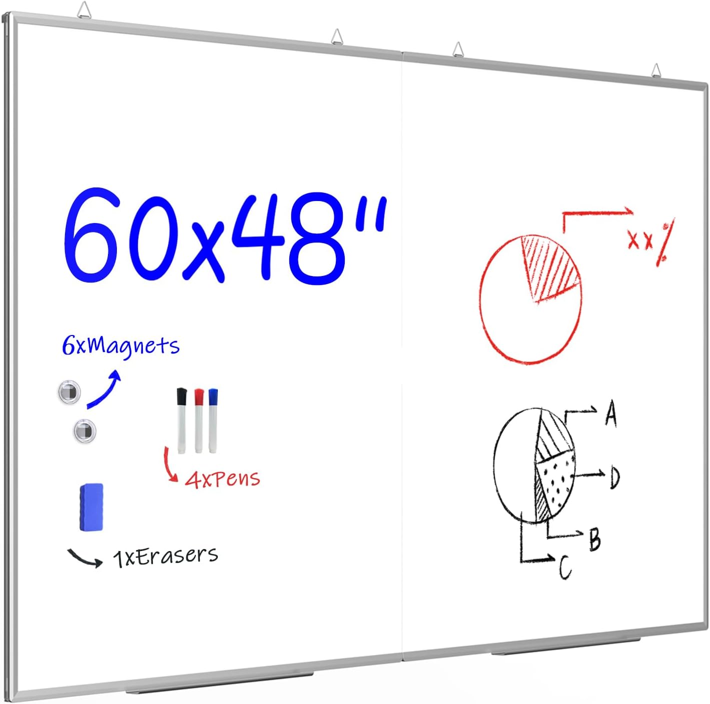 60"X 48" Large Magnetic Dry Erase Whiteboard, Wall Hanging Board with 4 Pens & 1 Dry Erasers & 6 Magnets, Sliver Aluminum Frame White