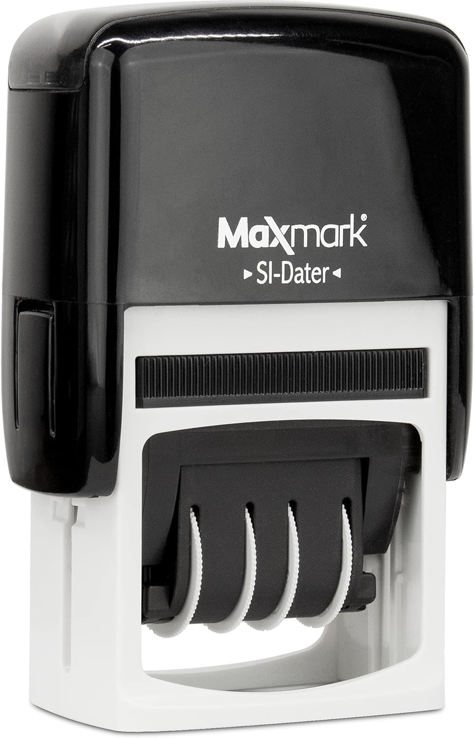 MaxMark Office Date Self Inking Stamp with 2-Line Custom Text - 1" x 1-5/8” - Choice of Ink Color