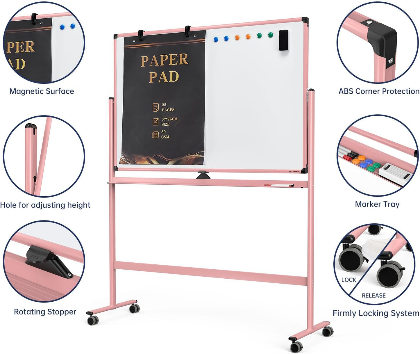 Large Dry-Erase Rolling Magnetic Whiteboard - 48 x 32 Inches Dry Erase Board with Stand Height Adjust Double Sides Mobile White Board Easel on Wheels with 25 Sheets Paper Pad Office, Home & Classroom