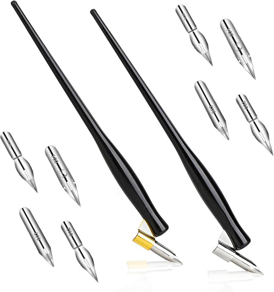 10PCS Oblique Calligraphy Dip Pen Set - 2-in-1 Drawing Pen Holder with 8 Pieces Stainless Steel Pen Replacement Nibs for Writing, Painting, Signing, Sketch