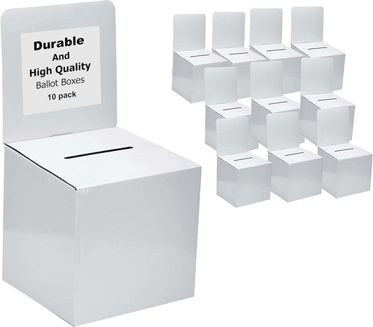 White Raffle Ticket Donation Collection Ballot Box Reusable Sturdy thick Cardboard Box with Slot comment Suggestion Box With Removable Header 6H x 6W x 6D, Display area 6H x 6W(10 pack)