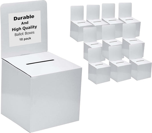 White Card Box XL raffle ticket box Corrugated Ballot and suggestion box with wide slot Donation Box & Removable Header for fundraising events 10.5H x 10.5W x 10D, Display area 11" x 10.5"(10 pack)
