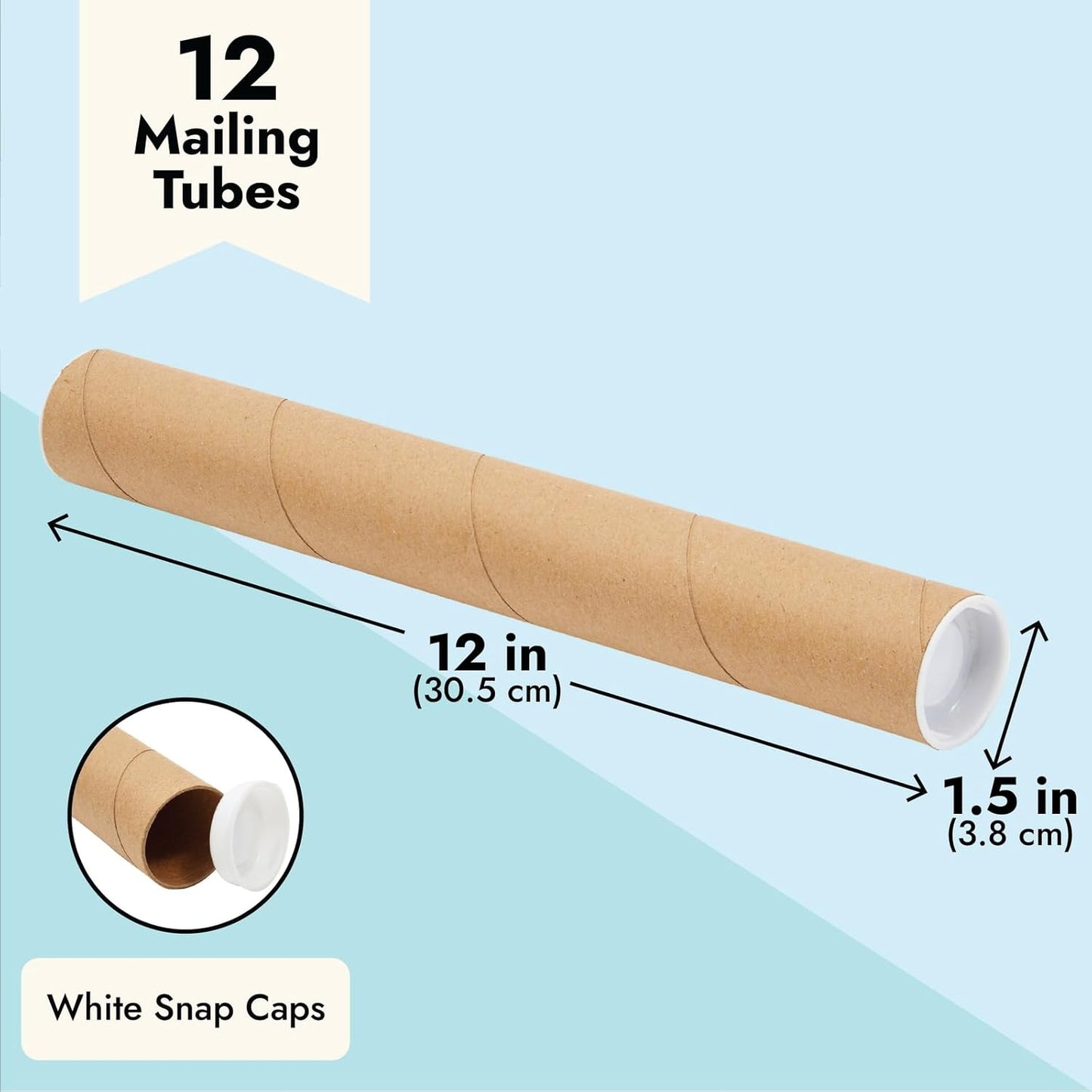 Stockroom Plus Mailing Tubes - 12 Pack, 1.5 x 12 In, Brown Kraft Cardboard - Document & Poster Storage Tubes with Caps