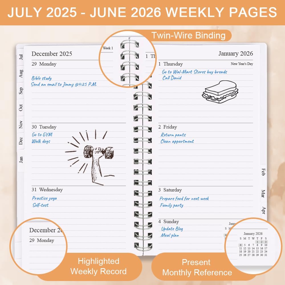 Pocket Planner 2025-2026, A6 Weekly Planner with Monthly Tabs, Run Jul 2025-Jun 2026, Elastic Closure, Twin-Wire Binding, Easy to Organize Your Daily Life, 3.75 x 6.75 In, 2025-2026 Pocket Planners