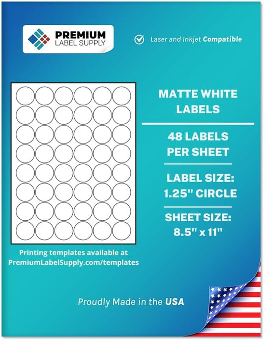 Premium Label Supply White Sticker Round Labels – 1.25" Circle – Laser/Inkjet Compatible – (48 per Sheet), 100 Sheets – 4,800 Total Adhesive Labels