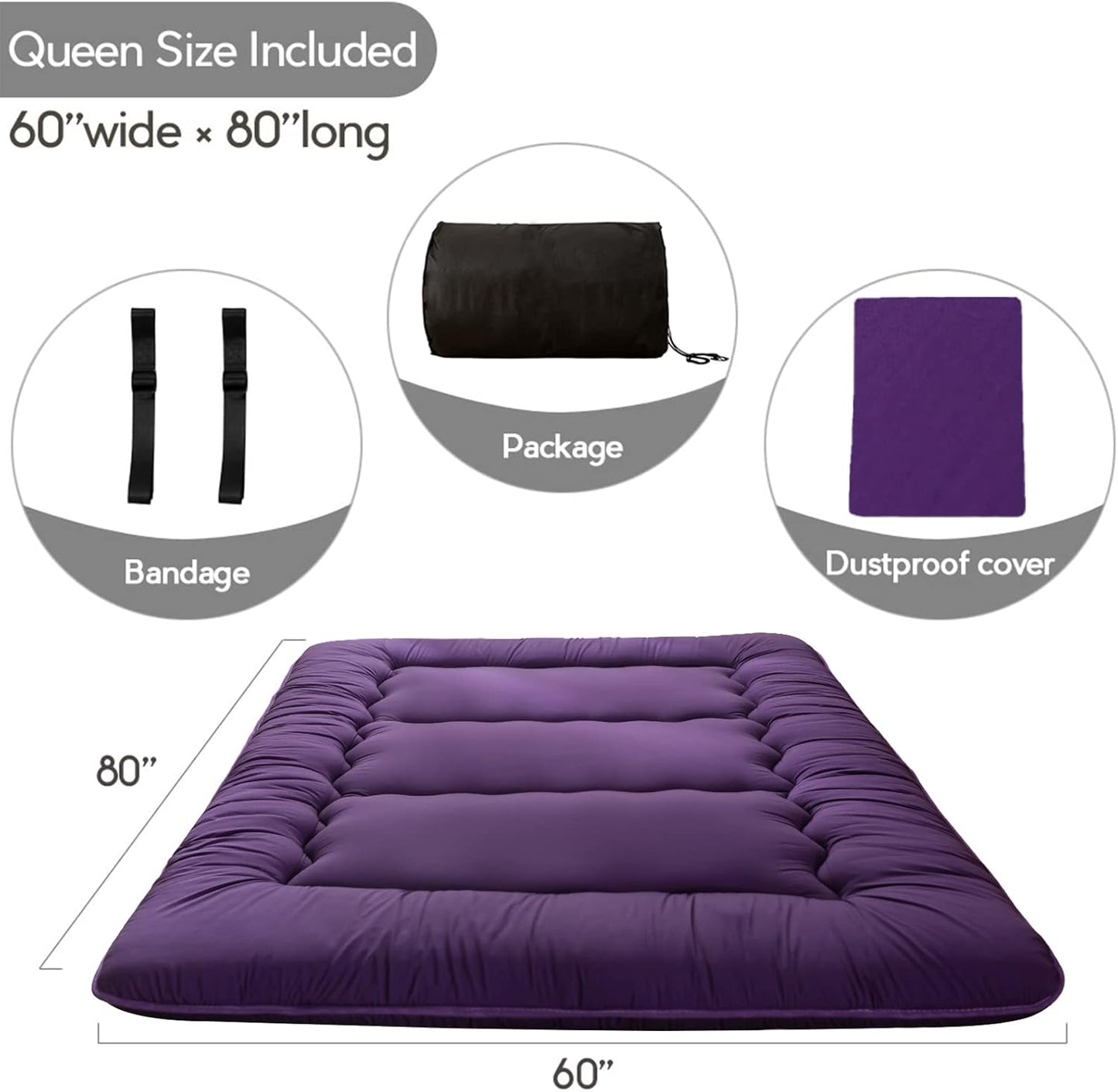 MAXYOYO Japanese Floor Futon Mattress, Roll Up Floor Mattress for Adults Foldable Tatami Mat Sleeping Pad Dormitory Bed Lounger, Purple, Queen Size
