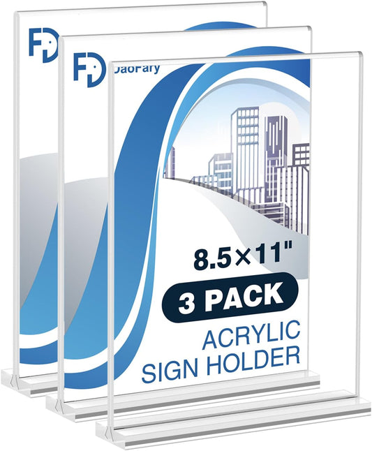 Daofary 3 Pack Acrylic Sign Holder 8.5 x 11 Clear Display Table Signs Stand, Double Sided T Shape Flyer Holder Plastic for Picture Paper Frame Holder Home Office Menu Retail Show Fair, transparent
