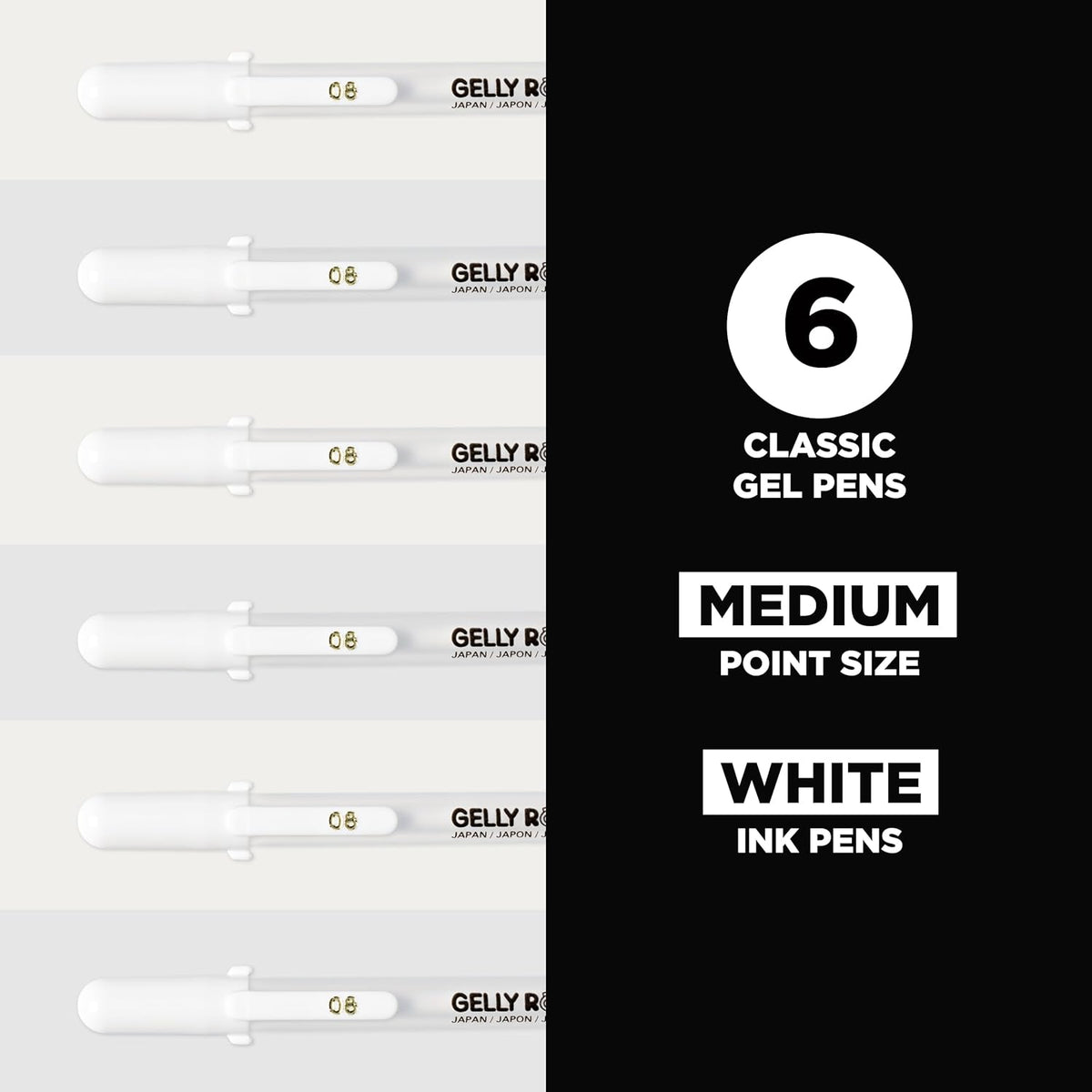 SAKURA Gelly Roll Gel Pens - Medium Tip Ink Pens for Journaling, Art, or Drawing - Classic White Ink - All are Tip Size Medium 08-6 Pack