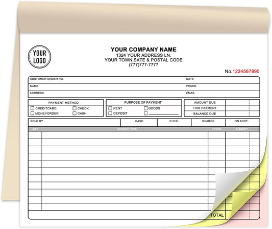 Custom Invoice Book for Small Business,8.5 x 7 Inches Invoice Receipt Book, 3-Part Carbonless Forms, Personalized Company Name, Address, Phone Number