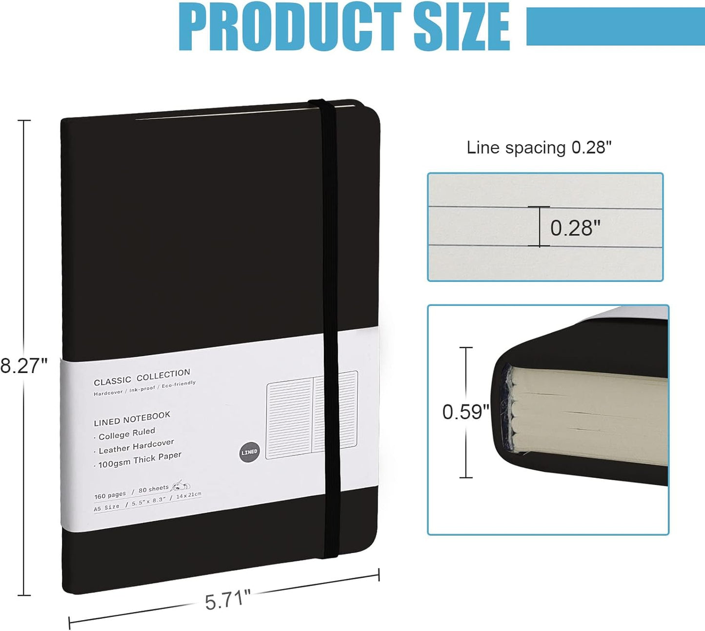 Lined Journal Notebook, 6Pack(Black), 160 Pages, Medium 5.7 inches x 8 inches - 100 gsm Thick Paper, Hardcover