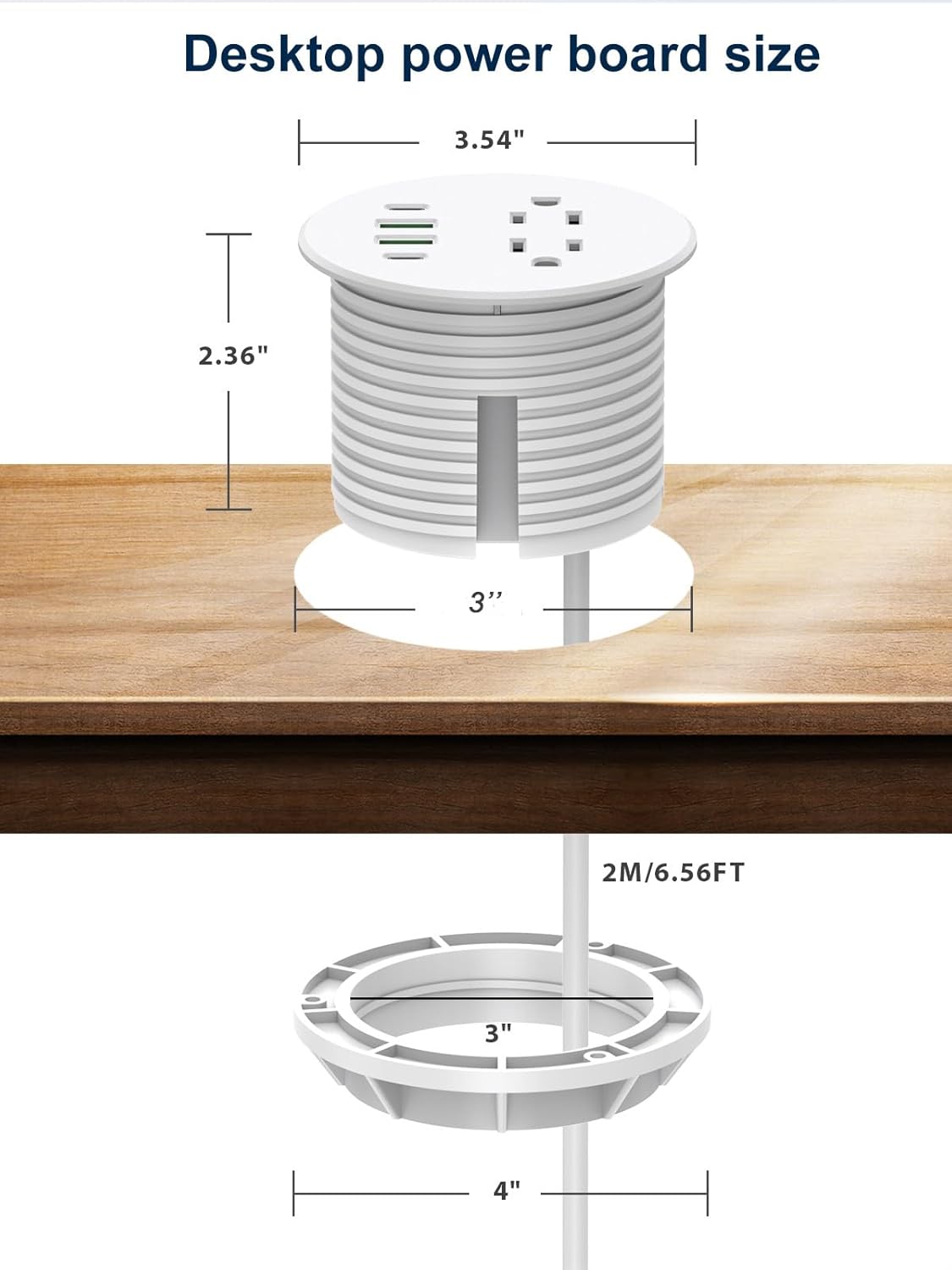 Recessed Power Grommet 3 inch With 65W USB C Ports 2 AC Outlets,Recessed Outlet Fast Charging Station,Desk Hole Grommet Outlets,Round Desktop Power Grommet Outlet for Office,Home (White, 65W USB Port)