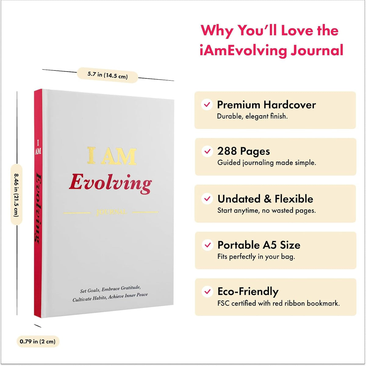 iAmEvolving Journal: Set Goals, Embrace Gratitude, Cultivate Habits, Achieve Inner Peace | Undated Gratitude Journal for Personal Development, Mindfulness, & Daily Reflection. (White)