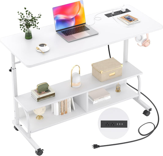 Armocity Height Adjustable Standing Desk with Power Outlets, 47" Manual Stand Up Desk with Storage Shelves Small Mobile Rolling Computer Desk Portable Laptop Table with Wheels for Home Office, White