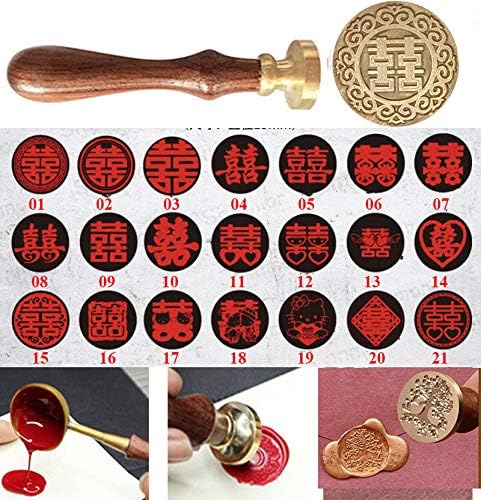 21 Styles Decorative Heart Chinese Character Double Happiness Symble Wax Seal Sealing Stamp Curlicue Wedding Invitations Christmas Gift Cards Embellishment Cutomize Seal Stamp Rosewood Handle Set