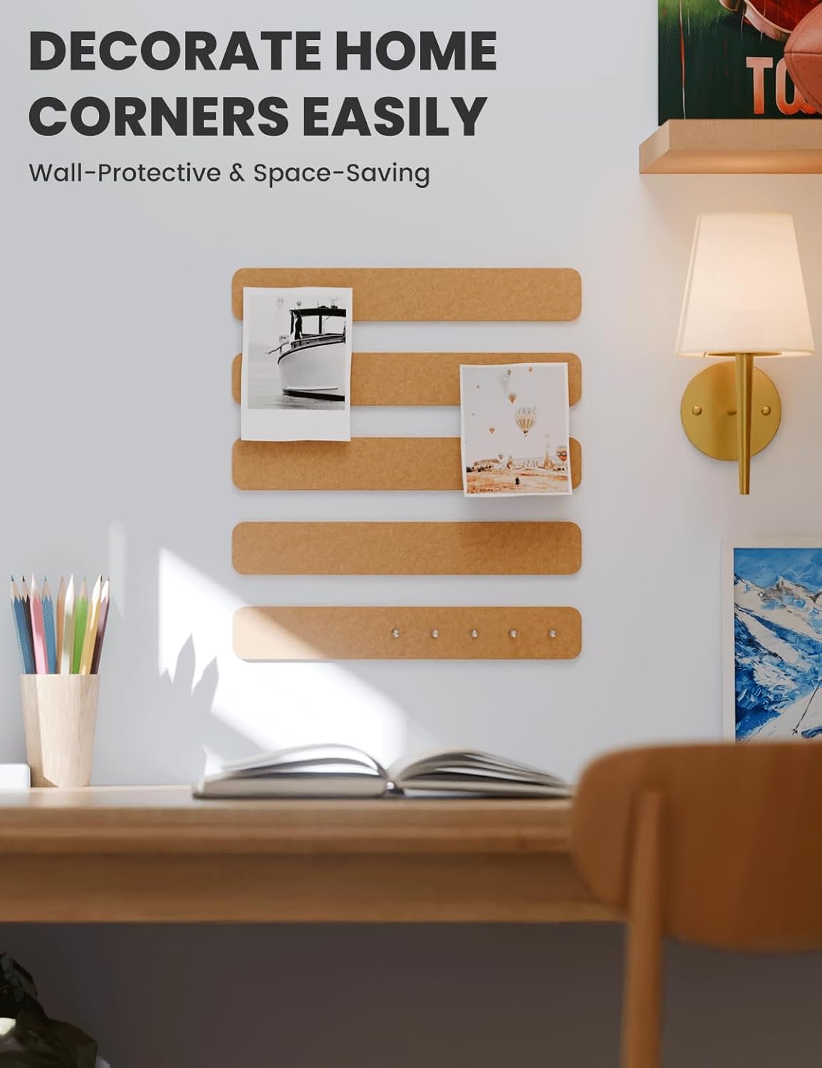 Cork Board Alternative Felt Strip Board 5-Pack 13"x2", Office Pin Board with 35 Push Pins, Adhesive Install for Bedroom Door & Home Office(Gold Bronze)