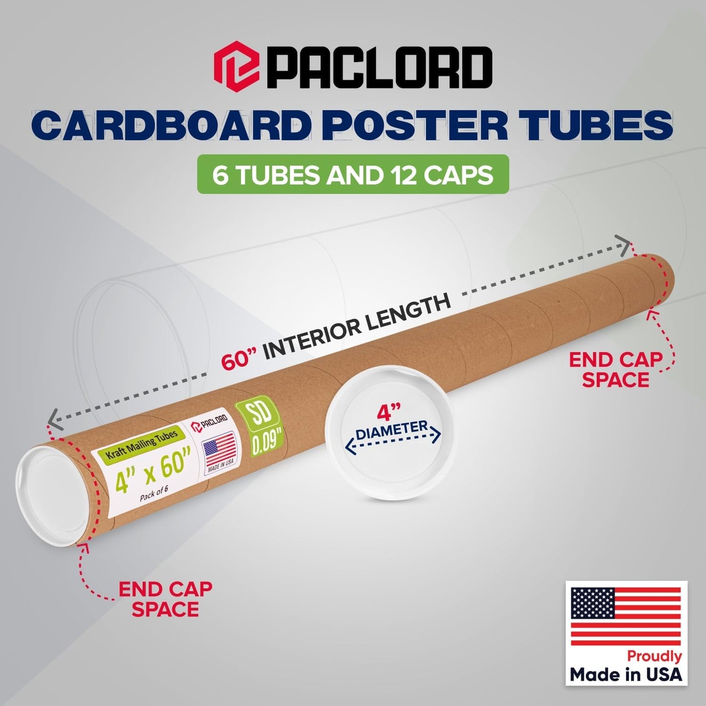4" x 60" Reinforced Kraft Paper Mailing Tube, Pack of 6 Tubes with 12 Caps – Secure USPS Approved Poster Tube – Cardboard Tube for Shipping and Storing Posters, Prints, Artwork, or Documents
