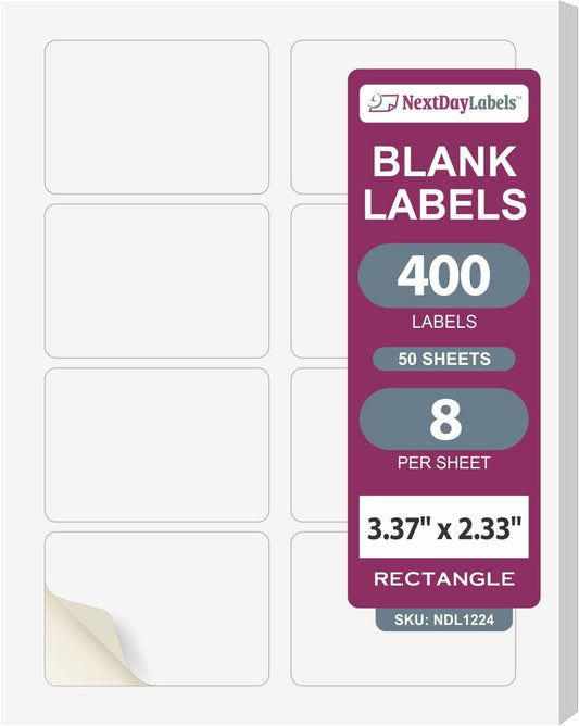 NextDayLabels – 3-3/8" x 2-1/3" Rectangular Sticker Labels for Printer - White Laser/Inkjet Printer Labels Return Address Labels Shipping Label Stickers (50 Sheets, 8 Per Sheet, 400 Labels)