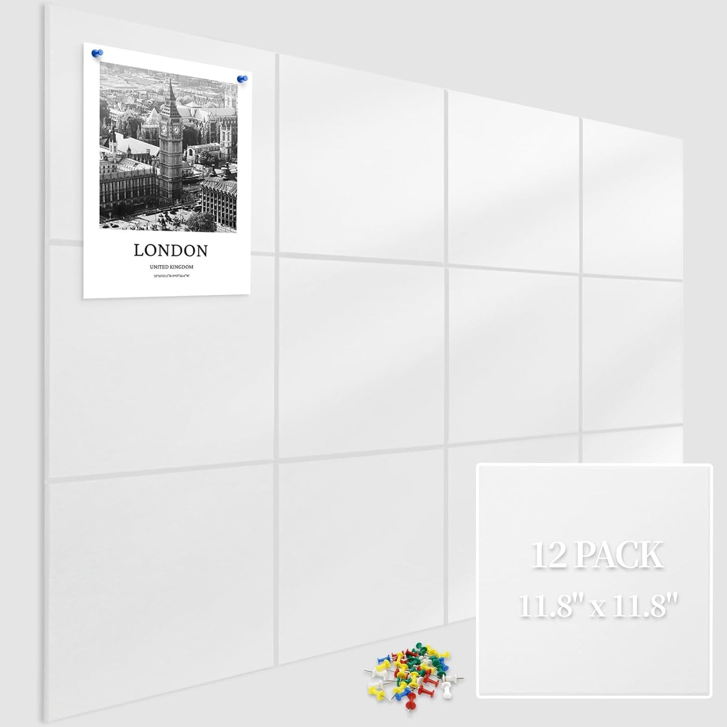 12-Pack Large Cork Board: 48x36 Inch Bulletin Board with 72 Damage-Free Pads & Push Pins for Office Home Wall, White Felt Alternative