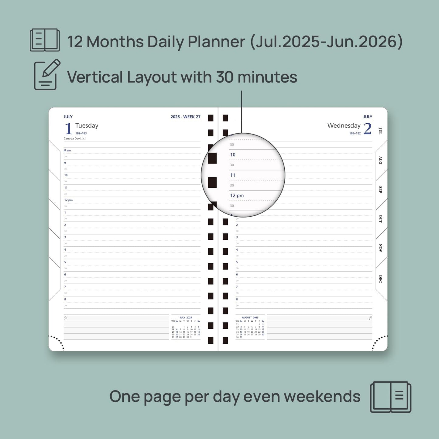 POPRUN Daily Planner 2025-2026 One Page per Day (6'' x 8.5'') with Spiral Bound Leather Soft Cover, Academic Year Appointment Book (Jul.2025 - Jun.2026) with Hourly Slots, Inner Pocket- Claret