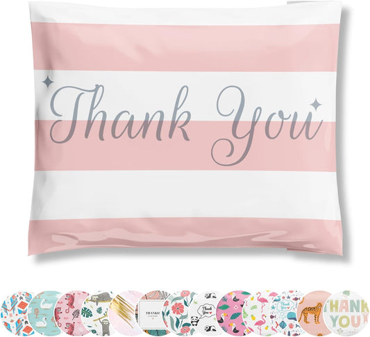 Poly Mailers 10x13 100 Pack | Self-Sealing Shipping Bags Envelopes for Small Business | Waterproof Durable Packaging | Thank You | Pink Stripes | à la mode Mailers