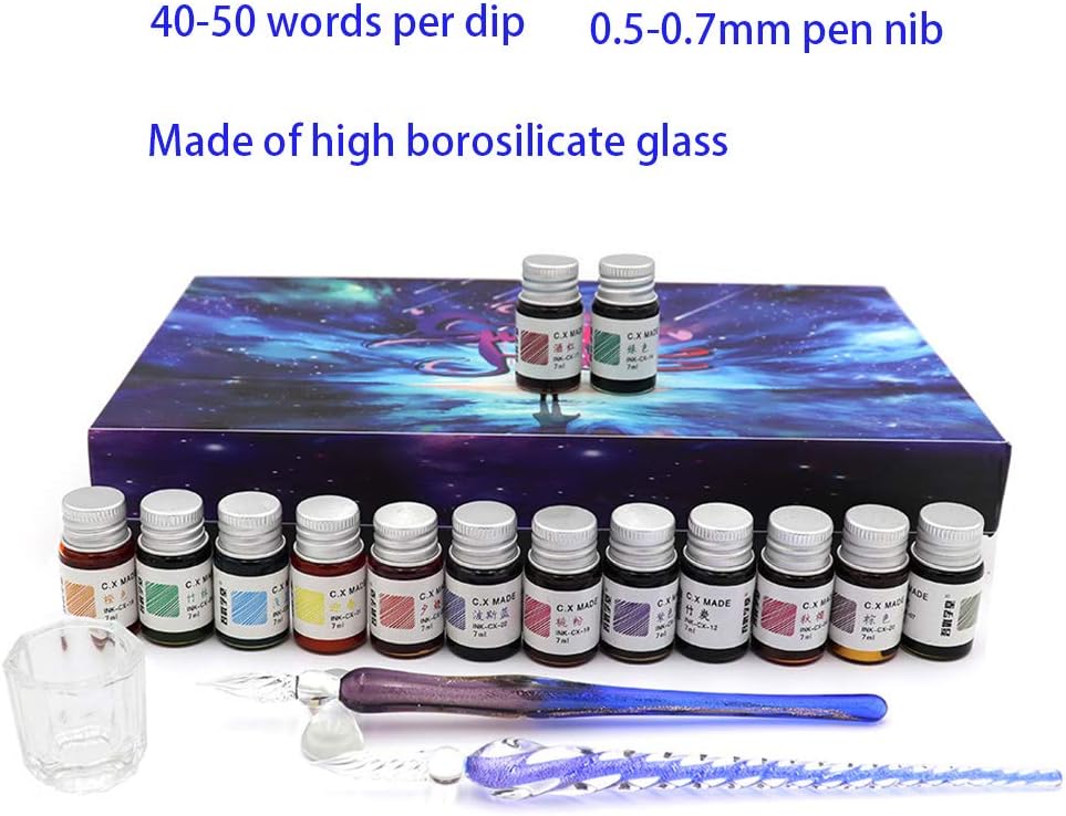 AXEARTE Glass Dip Calligraphy Pen Set, 18-Pieces 14 Color Inks, Pen Holder, Cleaning Cup, 2 Crystal Glass Pens for Art, Writing, Drawing, Signatures, Gift for Kids and Artist