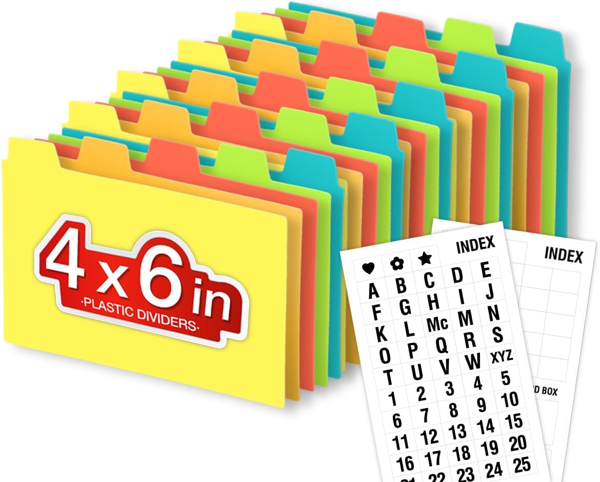 Chell 4x6 Plastic Index Card Dividers, Heavyweight Poly Index Card Guides A-Z for Flash Cards and Recipe Cards, with Alphabetical/Blank Stickers, Pack of 25