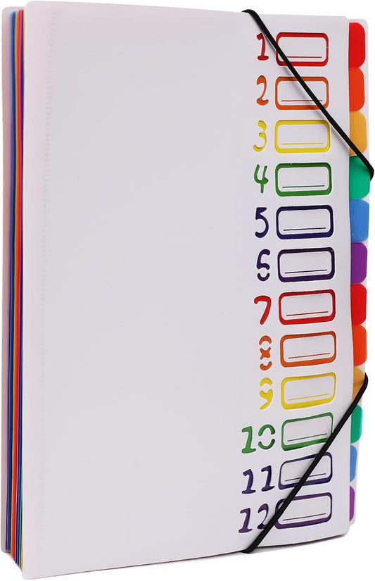 Rainbow Tab Expanding File Folder - 24 Pockets, Durable A4 Letter Size Organizer, Water-Resistant Plastic Dividers, Home/Office/School Document Holder (White