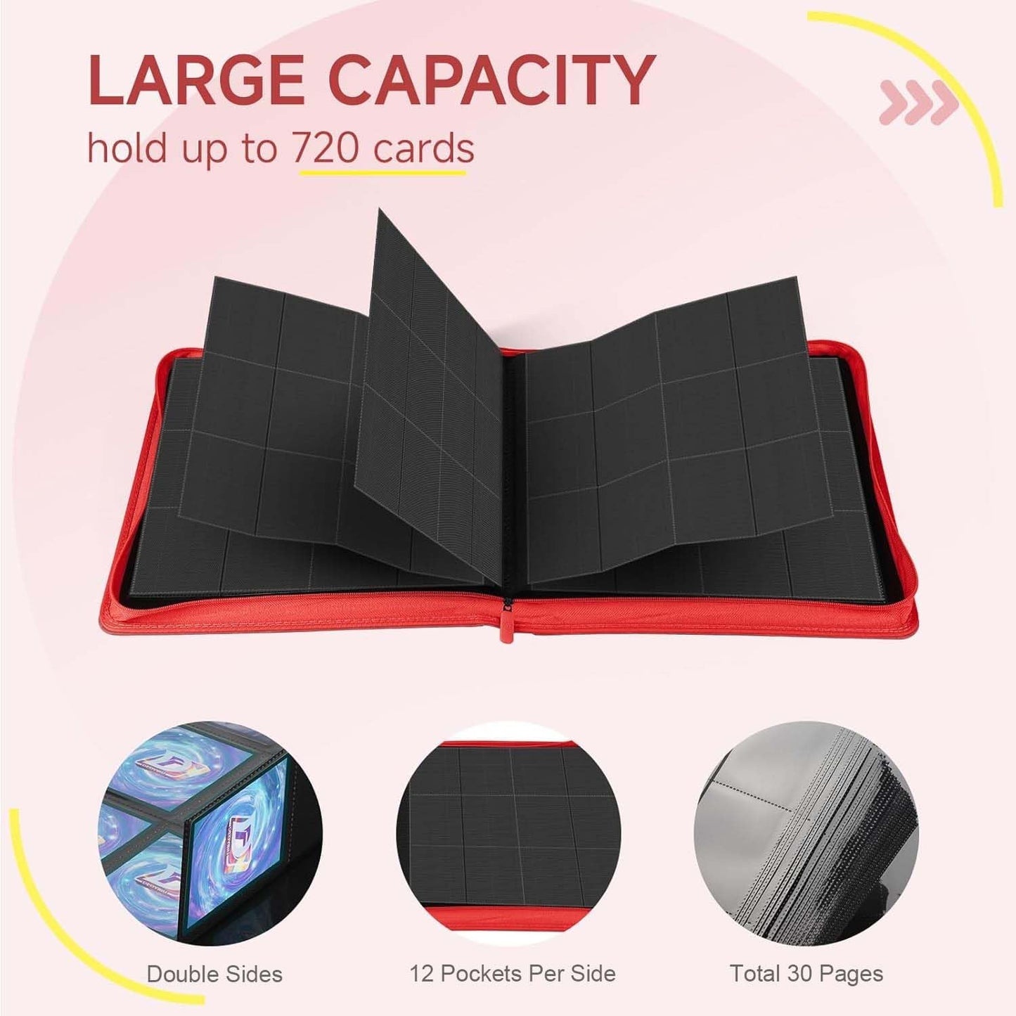 Trading Card Binder with Zip,12 Pockets Card Binder,720 Double Sided Pocket Card Collection Binder,Card Album Card Folder for MTG,TCG,Sports Cards,Game Cards,Red