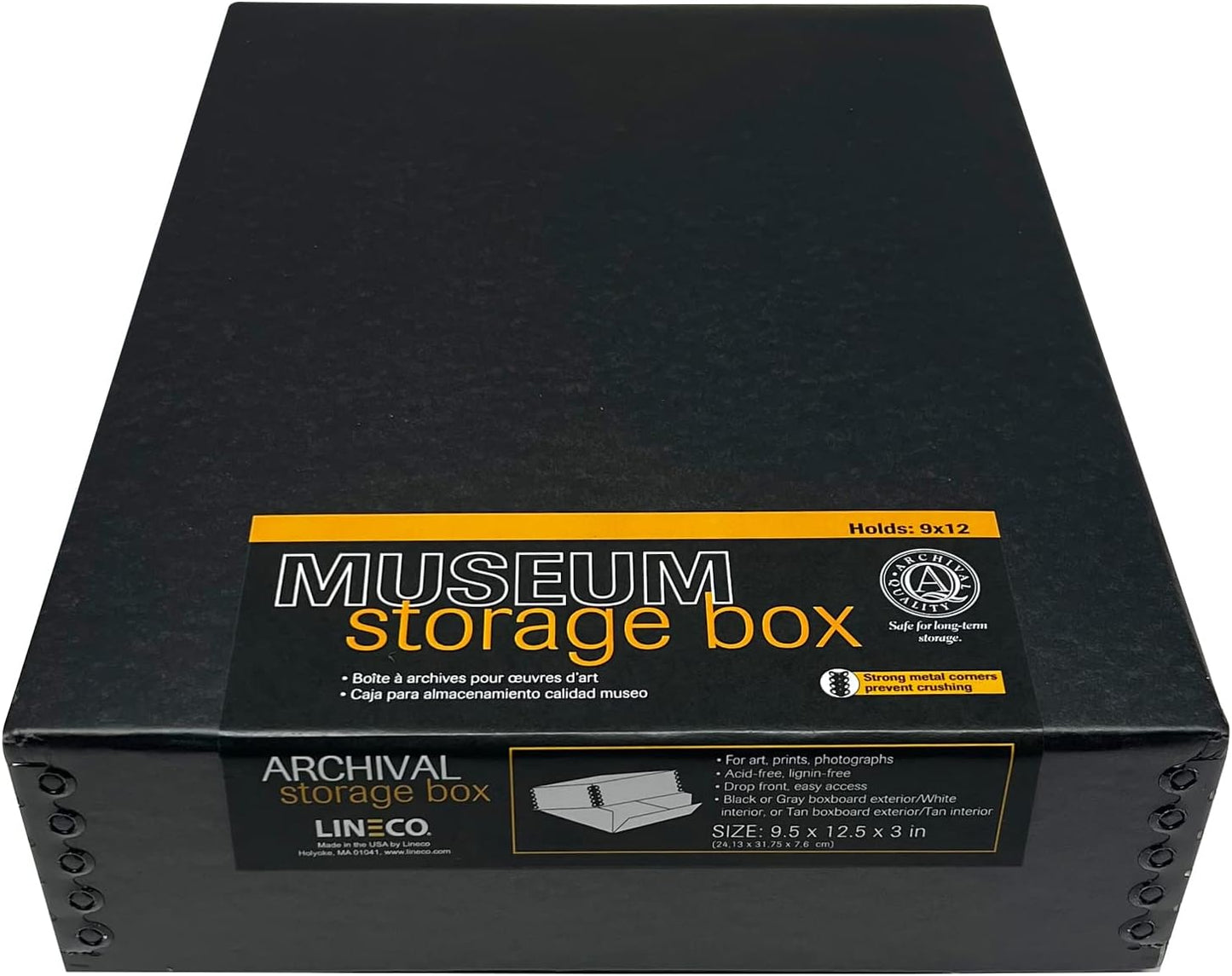 Lineco, 9x12x3 Museum Storage Box, Removable Lid and Drop Front Design. Archival Acid-Free with Metal Edge. Storing for Photos, Documents, Prints, DIY, Black