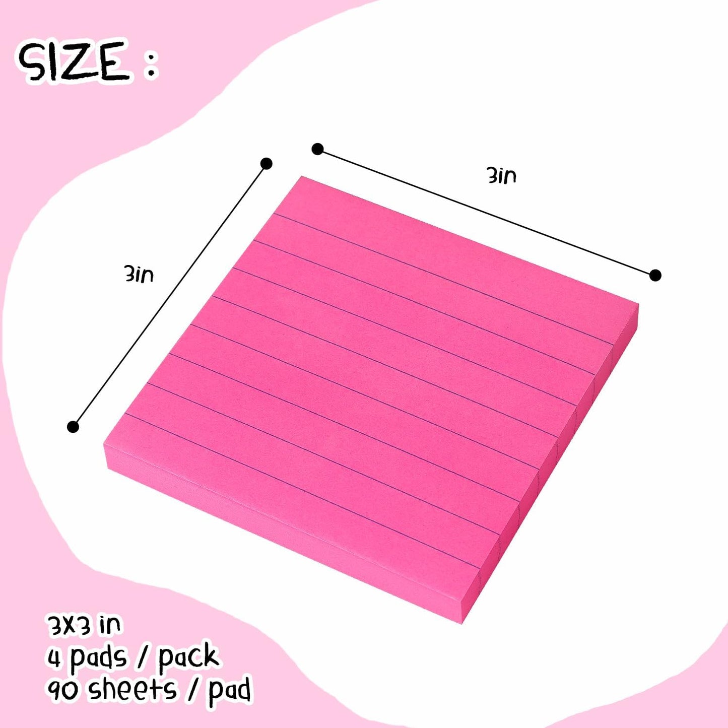 Lined Sticky Notes 3x3 Sticky Notes with Lines Self-Stick Notes Bright Color 4 Pads 90 Sheets/Pad (Bright)