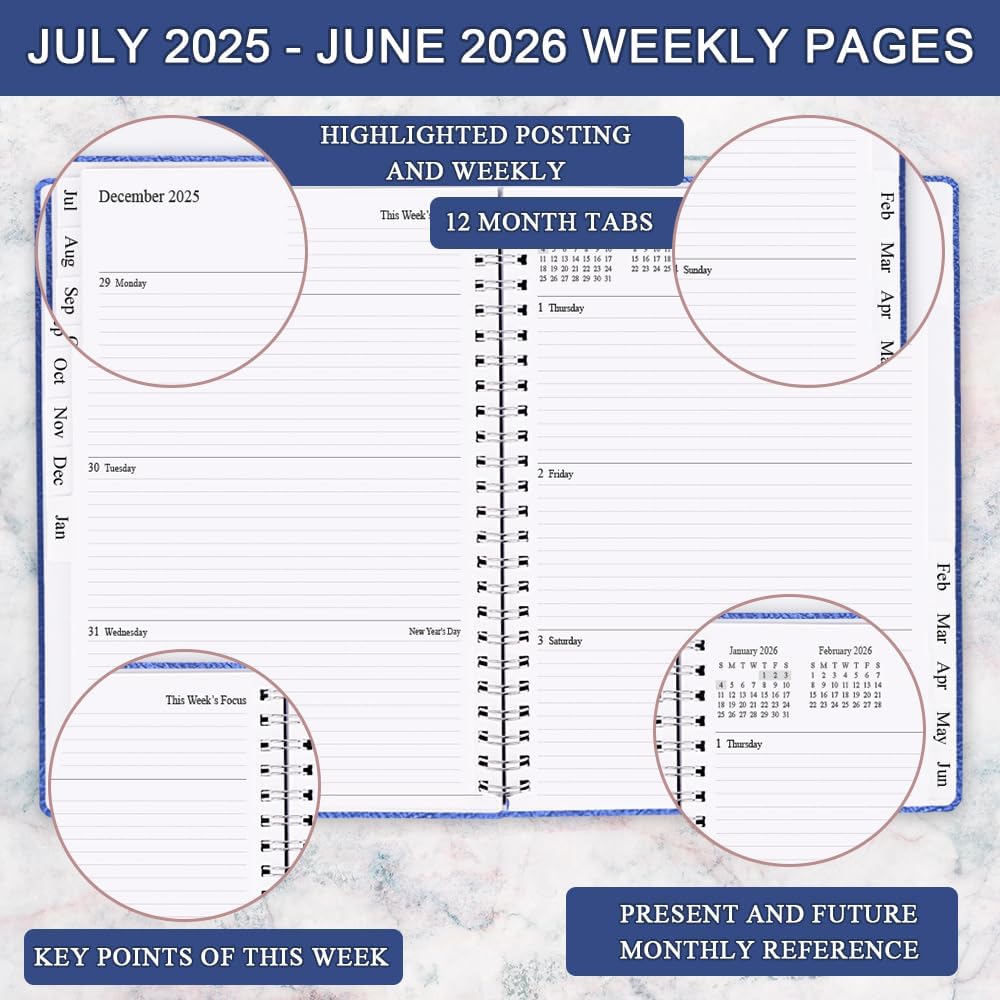 Planner 2025-2026 - Weekly & Monthly Planner Runs from Jul 2025 to Jun 2026, 8.5 x 11", 12 Month Tabs, Inner Pocket, PU Leather Cover with Twin-Wire Binding, Monthly Planners 2025-2026, Blue