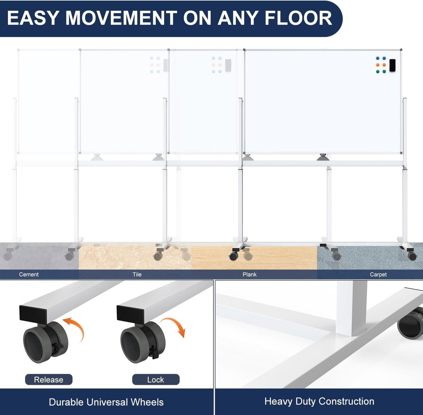 Large Dry-Erase Rolling Magnetic Whiteboard - TSJ OFFICE 48 x 32 Inches Dry Erase Board with Stand Height Adjust Double Sides Mobile White Board Easel on Wheels Office, Home & Classroom