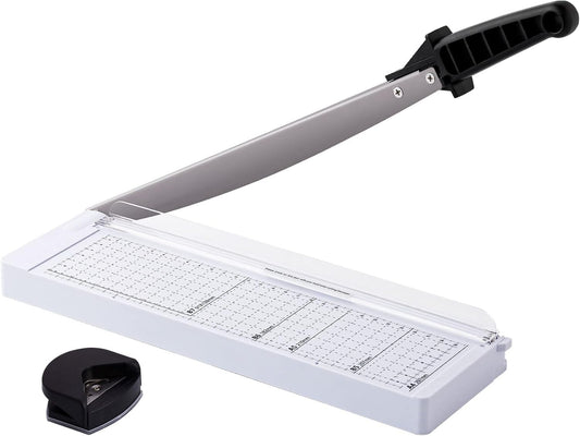 TIANSE Paper Trimmer 12” 8 to 12 Sheet Capacity Paper Cutter Guillotine with Safety Blade Lock Heavy Duty Plastic Base Paper Cutting Board for Home Office School White