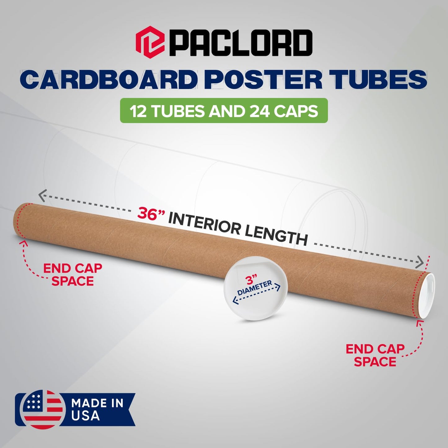 3" x 36" Reinforced Kraft Paper Mailing Tubes, Pack of 12 Tubes with 2 Caps Each – USPS Approved Poster Tube – Made in USA Cardboard Tube for Shipping and Storing Posters, Prints, Artwork, Documents